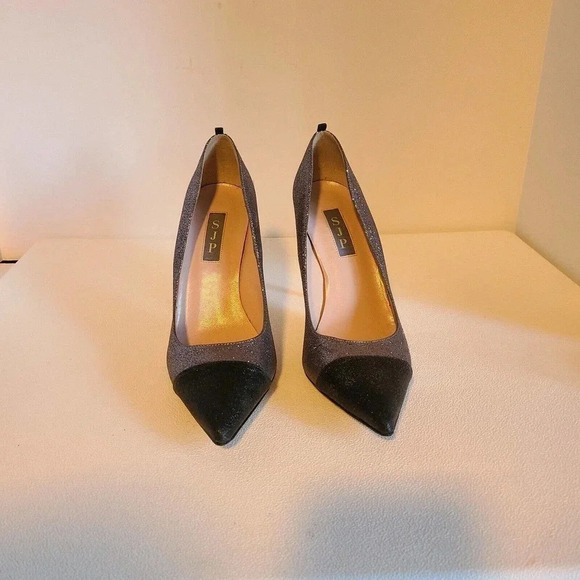 SJP SARAH JESSICA PARKER FAWN 70 GLITTER HEELS SPARKLE SILVER BLACK SZ EU 37.5 - Picture 2 of 10